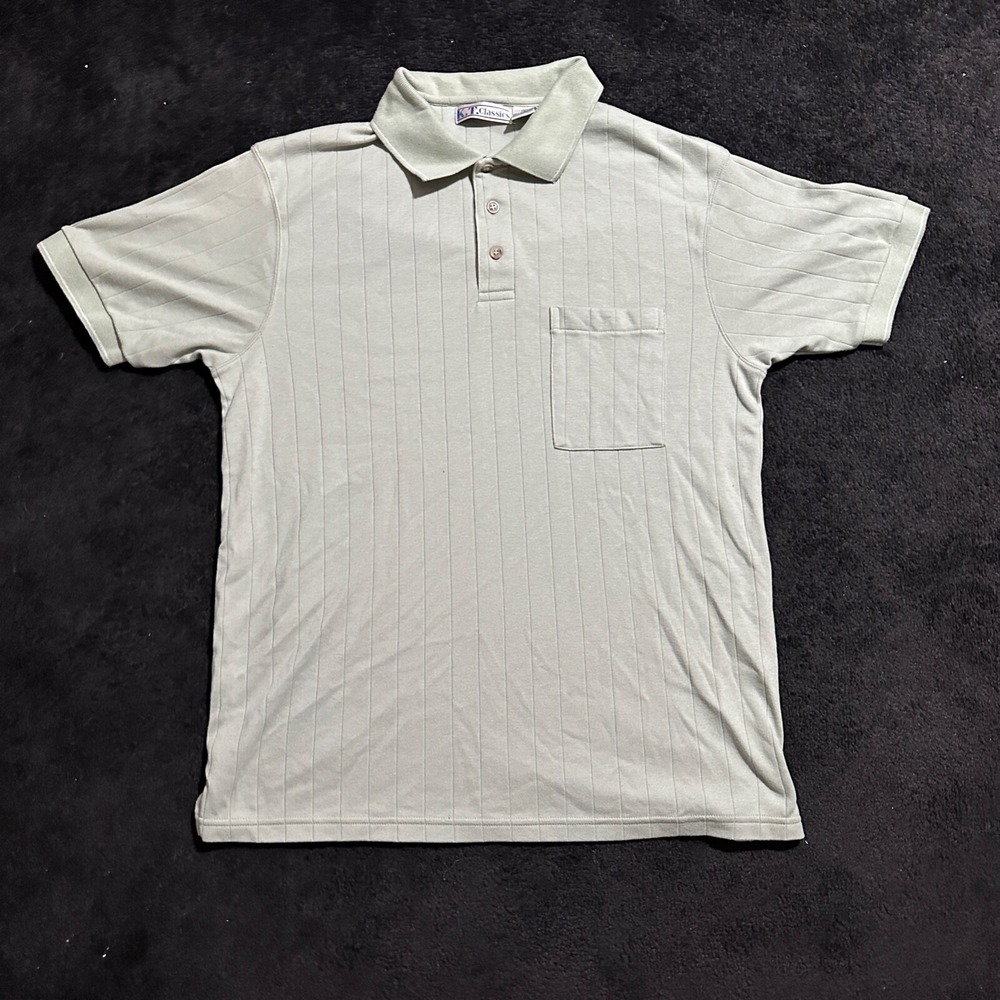K.T. Classics Polo Shirt Mens Medium Sage Green Ribbed Vertical Stripe Pocket